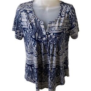 Halife Blouse. Size L. Blue and cream. V neck with buttons. Flowy. Cute!